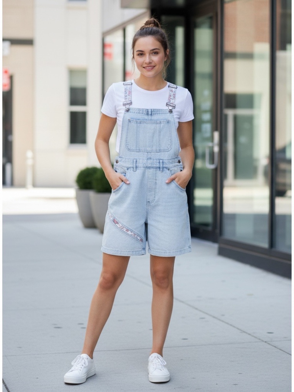 Vintage Light Wash Cotton Denim Overalls Shorts